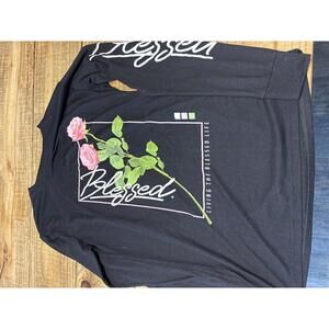 Blessed Hustle Black Long Sleeve Floral Graphic Top Size Medium Womens